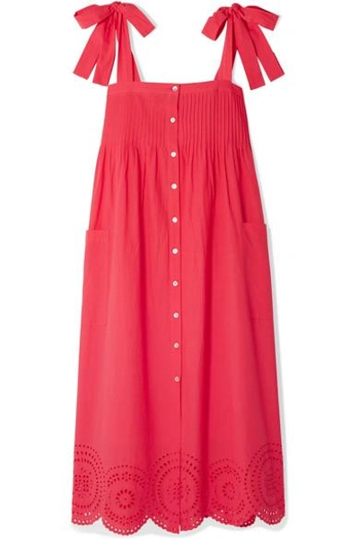 Shop Hatch Sylvie Broderie Anglaise Cotton-voile Midi Dress In Red