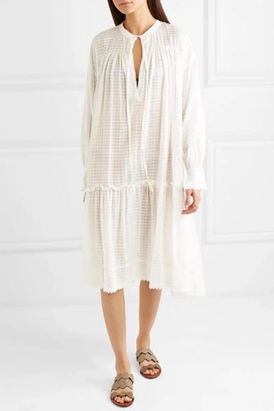 Shop Lee Mathews Laura Lace-trimmed Checked Cotton-muslin Dress In Ivory
