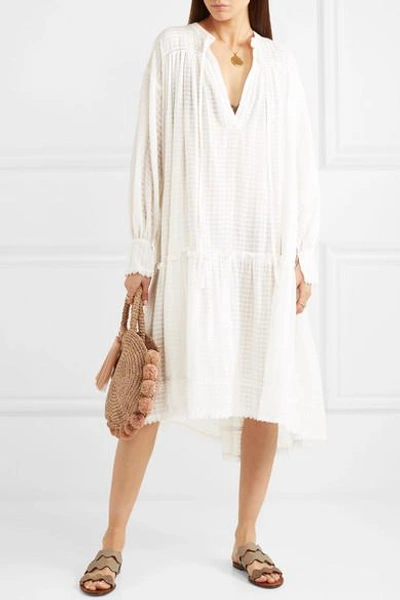 Shop Lee Mathews Laura Lace-trimmed Checked Cotton-muslin Dress In Ivory