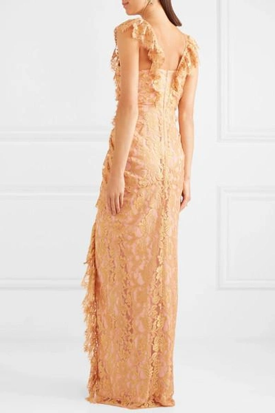 Shop Alice Mccall Notion Ruffled Metallic Chantilly Lace Gown In Pink