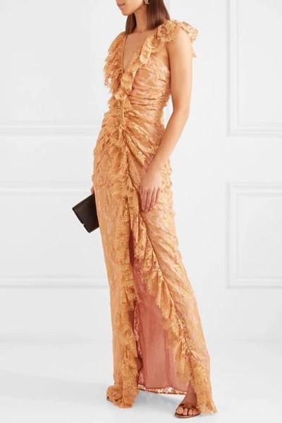 Shop Alice Mccall Notion Ruffled Metallic Chantilly Lace Gown In Pink
