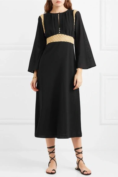 Shop Vanessa Seward Forever Crochet-paneled Cotton-voile Midi Dress In Black