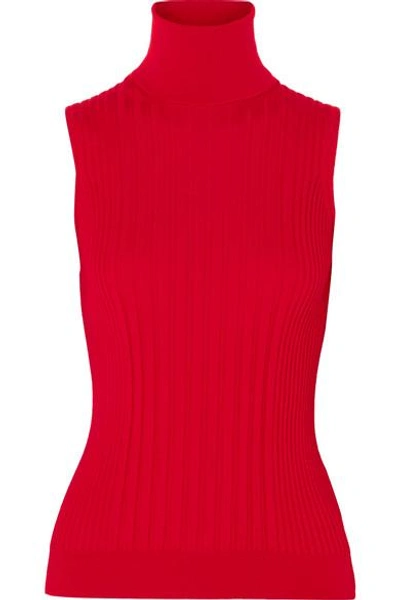 Shop Maison Margiela Ribbed Wool Turtleneck Top In Red