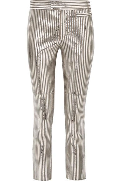 Shop Isabel Marant Novida Metallic Striped Leather Skinny Pants In Silver