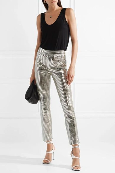 Shop Isabel Marant Novida Metallic Striped Leather Skinny Pants In Silver