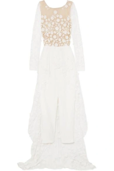 Shop Rime Arodaky Patsy Lace-trimmed Embroidered Tulle And Crepe Jumpsuit In White