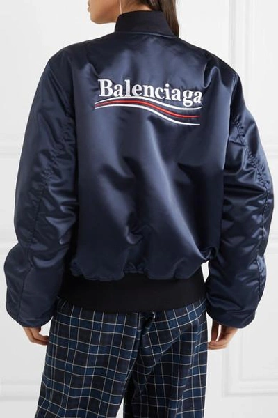 Shop Balenciaga Embroidered Satin Bomber Jacket In Navy