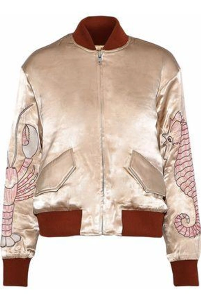 Shop Ganni Woman Leclair Embroidered Satin Bomber Jacket Sand