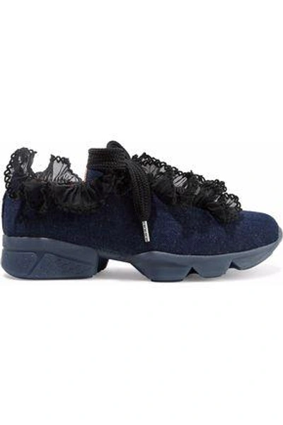 Shop Ganni Ariana Ruffled Lace-trimmed Denim Sneakers In Dark Denim