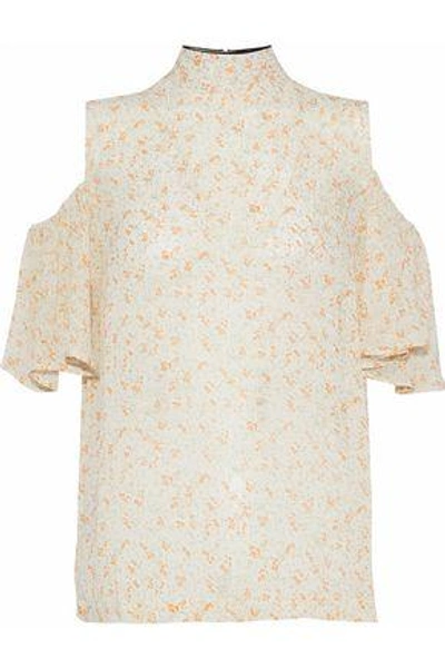 Shop Ganni Woman Cold-shoulder Floral-print Georgette Top Off-white