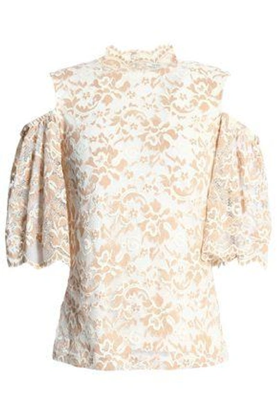 Shop Ganni Woman Cold-shoulder Lace Top Ivory