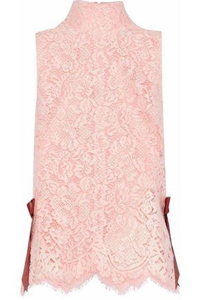 Shop Ganni Woman Duval Bow-embellished Guipure Lace Top Pastel Pink