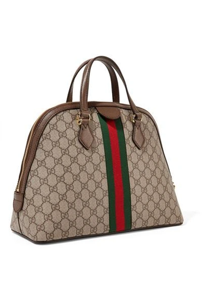 Shop Gucci Ophidia Textured Leather-trimmed Printed Coated-canvas Tote In Beige