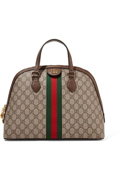 Shop Gucci Ophidia Textured Leather-trimmed Printed Coated-canvas Tote In Beige