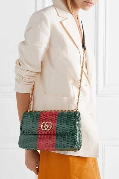 Shop Gucci Leather-trimmed Coated-wicker Shoulder Bag In Green