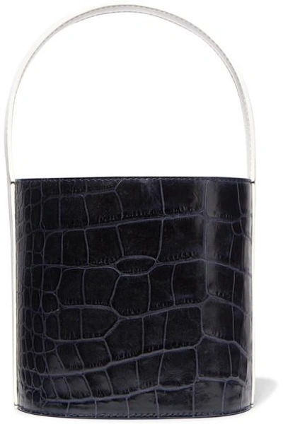 Shop Staud Bissett Croc-effect And Smooth Leather Bucket Bag In Navy