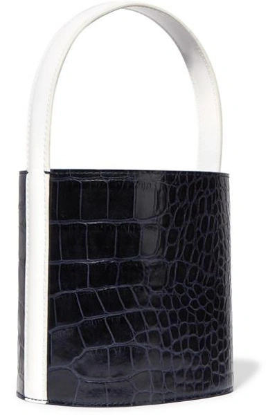 Shop Staud Bissett Croc-effect And Smooth Leather Bucket Bag In Navy