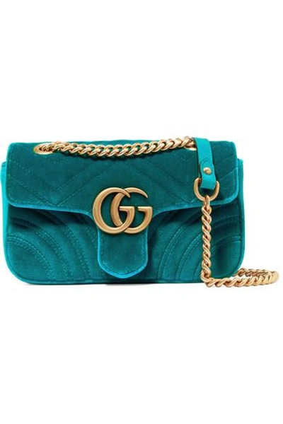 Shop Gucci Gg Marmont Mini Quilted Velvet Shoulder Bag In Blue