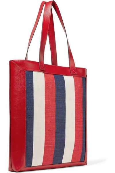 Shop Gucci Leather-trimmed Striped Canvas Tote