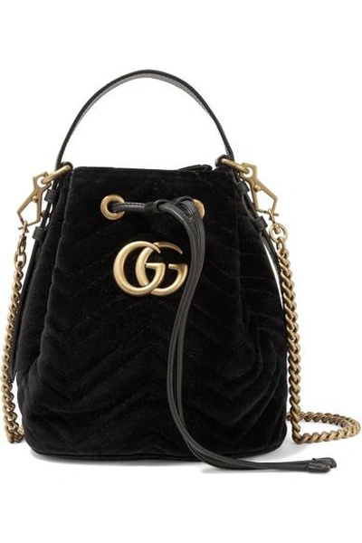 Shop Gucci Gg Marmont Leather-trimmed Quilted Velvet Bucket Bag