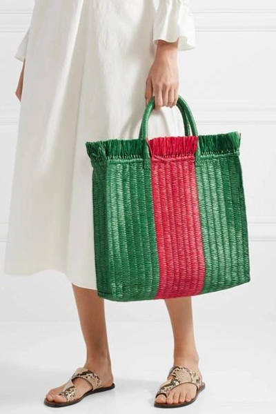 Shop Gucci Striped Raffia Tote In Green