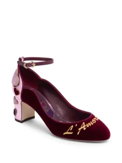 Shop Dolce & Gabbana Velvet Heart Embellished Ankle Strap Pumps In Multi