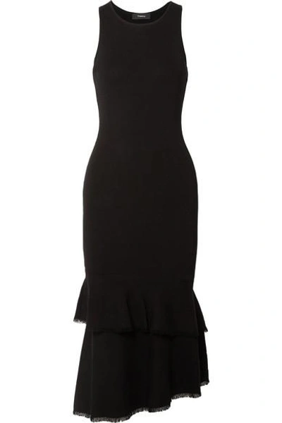 Shop Theory Nilimary Frayed Tiered Stretch-knit Midi Dress In Black