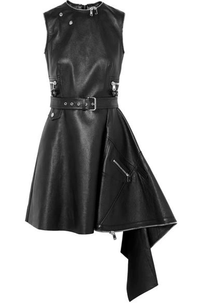 Shop Alexander Mcqueen Asymmetric Textured-leather Mini Dress In Black