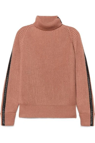 Shop Bottega Veneta Intrecciato Leather-trimmed Cotton-blend Turtleneck Sweater In Blush