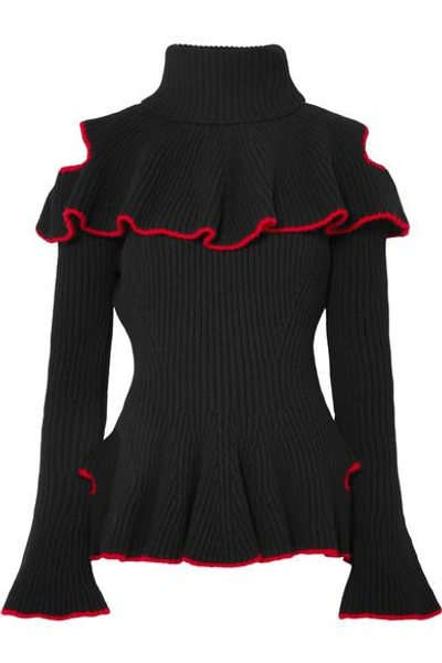Shop Alexander Mcqueen Ruffled Ribbed Wool And Cashmere-blend Sweater In Black