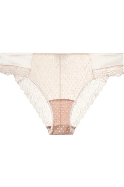 Shop La Perla Marble Mood Satin-trimmed Embroidered Printed Stretch-tulle Briefs In Blush