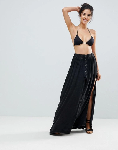 Shop Surf Gypsy Lace Up Beach Maxi Skirt - Black