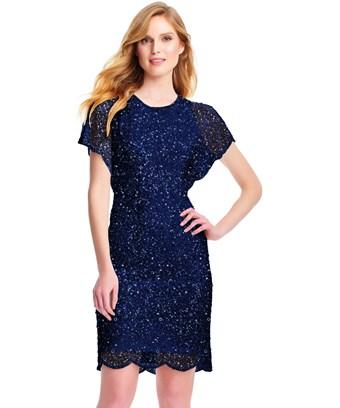 sequin beaded cocktail dress with flutter sleeves and scallop trim