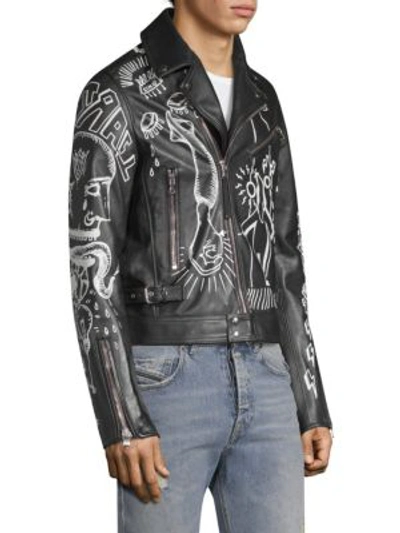 Shop Diesel Black Gold Dbg Graffiti Leather Moto Jacket In Black