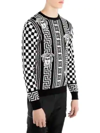 Versace Greek Motif Checkered Jacquard Sweater In Black | ModeSens