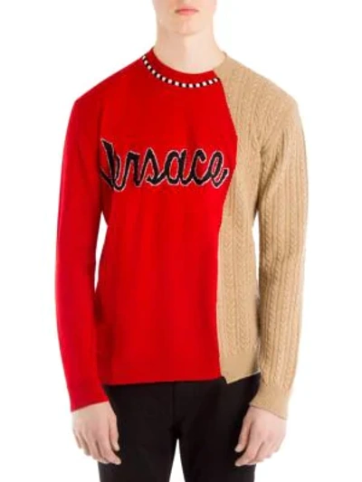 Shop Versace Wool Logo Half-&-half Knit Sweater In Rosso Camel