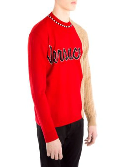 Shop Versace Wool Logo Half-&-half Knit Sweater In Rosso Camel