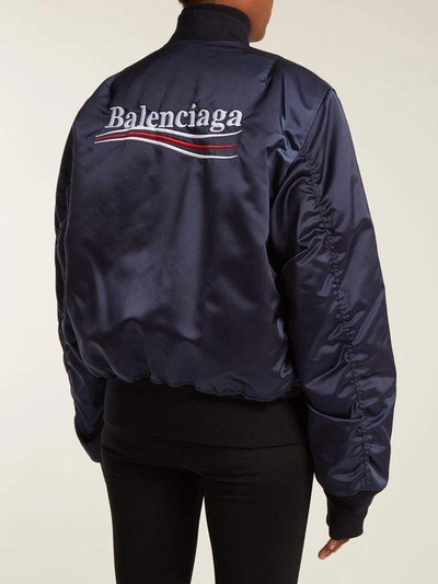 Balenciaga Logo-embroidered Satin Bomber Jacket In Blue | ModeSens
