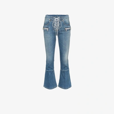 Shop Ben Taverniti Unravel Project Unravel Project Mid Rise Lace-up Cropped Kick Flare Jeans In Blue