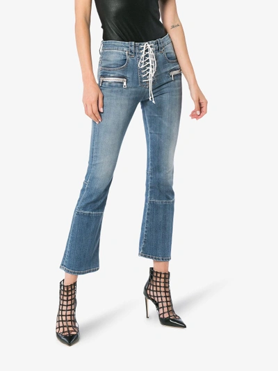 Shop Ben Taverniti Unravel Project Unravel Project Mid Rise Lace-up Cropped Kick Flare Jeans In Blue