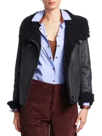 Shop Brunello Cucinelli Reversible Shearling & Leather Moto Jacket In Midnight Blue