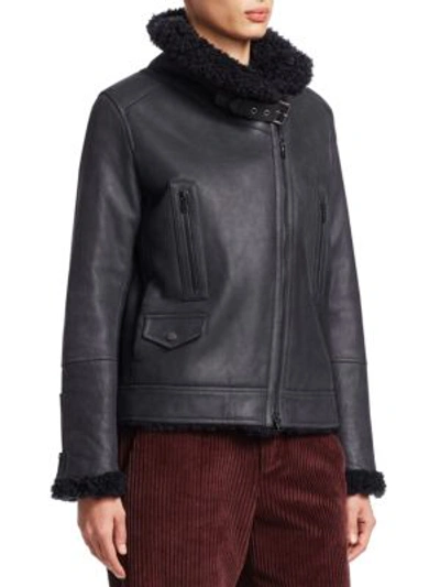 Shop Brunello Cucinelli Reversible Shearling & Leather Moto Jacket In Midnight Blue