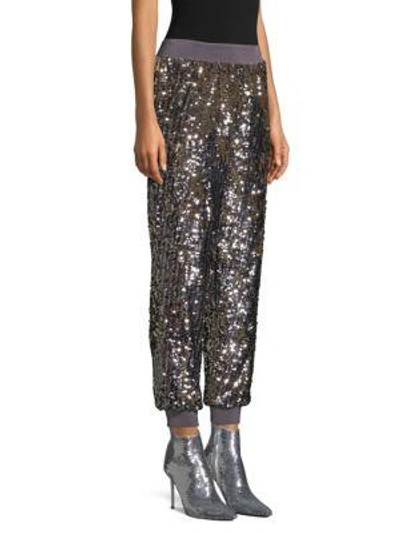 Shop Alice And Olivia Pete Embellished Sweatpants In Antique Silver