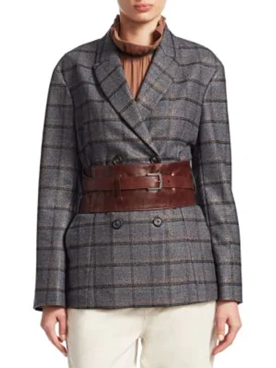 Shop Brunello Cucinelli Flannel Lurex Plaid Belted Jacket In Charcoal