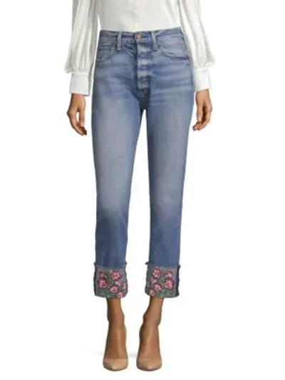 Shop Alice And Olivia Amazing High-rise Embroidered Girlfriend Jeans In Fools Rushin Big Blooms