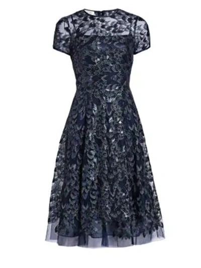 Shop Teri Jon By Rickie Freeman Sequined Tulle Fit-and-flare Dress In Navy