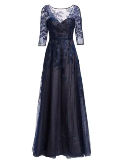 Shop Rene Ruiz Metallic Lace Illusion Gown In Blue
