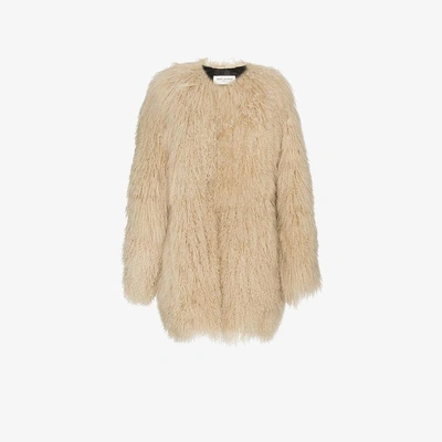 Shop Saint Laurent Oversized Mongolian Lamb Fur Coat In Nude/neutrals