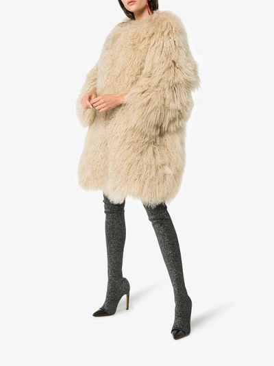 Shop Saint Laurent Oversized Mongolian Lamb Fur Coat In Nude/neutrals