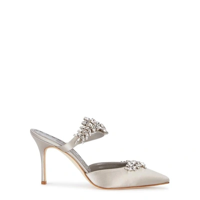 Shop Manolo Blahnik Lurum 90 Crystal-embellished Silk Satin Mules In Grey